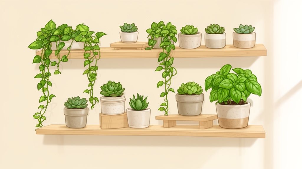 An illustration of two wooden shelves filled with various potted green plants, including succulents and trailing vines.