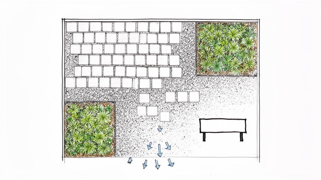 A top-down landscape plan showing a garden with paved squares, green plant beds, gravel, a bench, and directional arrows.