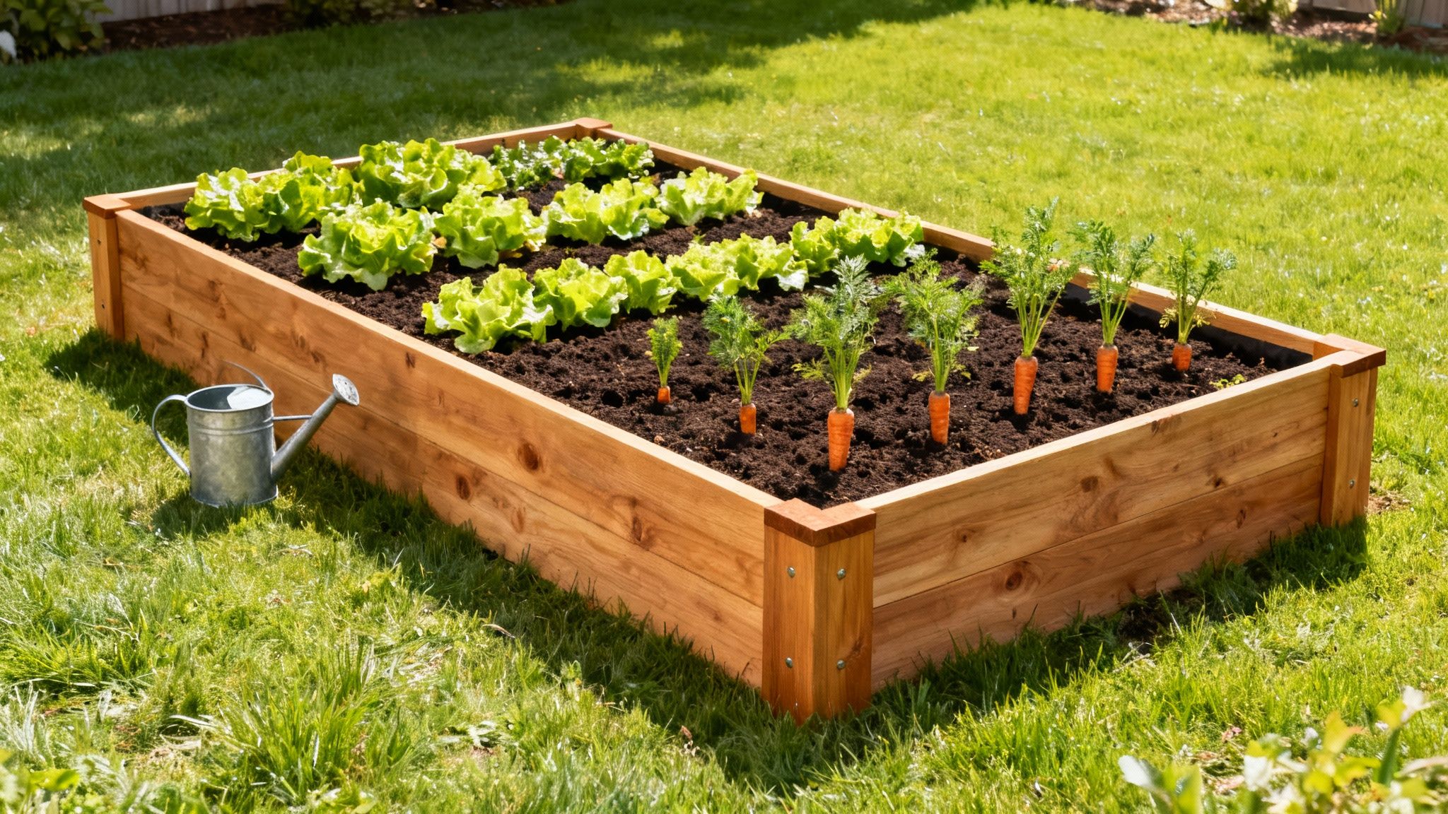 A wooden raised garden bed filled with vibrant green lettuce and fresh orange carrots, surrounded by green grass, with a watering can beside it.