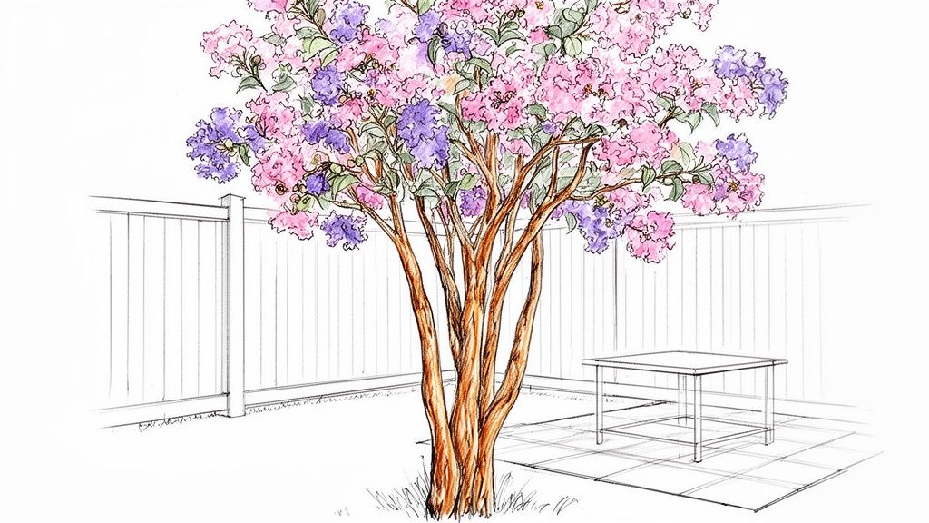 Watercolor sketch of a vibrant crape myrtle tree with pink and purple flowers in a backyard.
