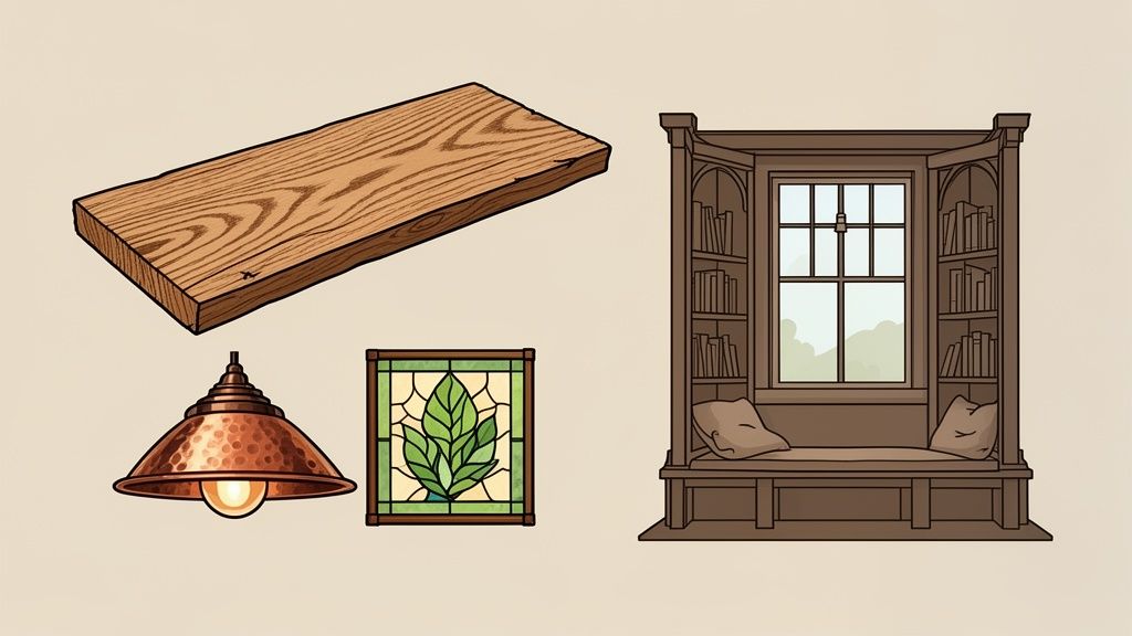 An illustration of various Arts and Crafts style interior design elements: wood, lamp, stained glass, and window seat.
