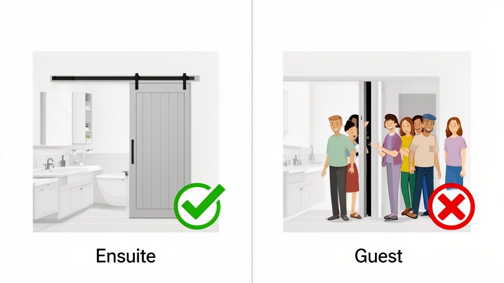 Barn door suitability: a green check for ensuite bathroom, red X for guest bathroom.