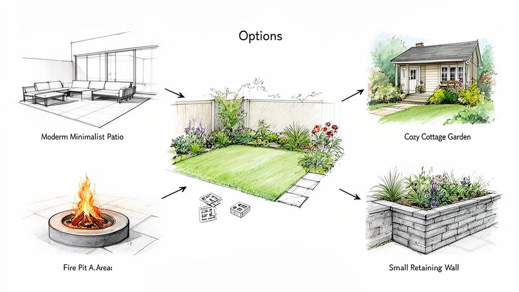 An illustrative sketch showing a central yard design with four different landscaping options: patio, fire pit, cottage garden, and retaining wall.