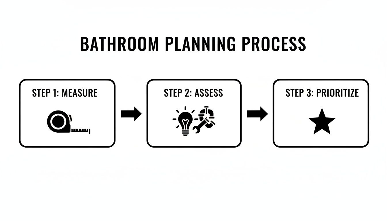 A diagram illustrating the three-step bathroom planning process: measure, assess, and prioritize.