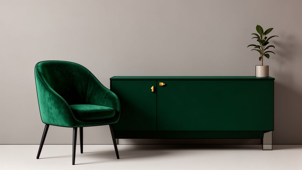 A modern interior featuring a green velvet armchair and a dark green cabinet against a gray wall.
