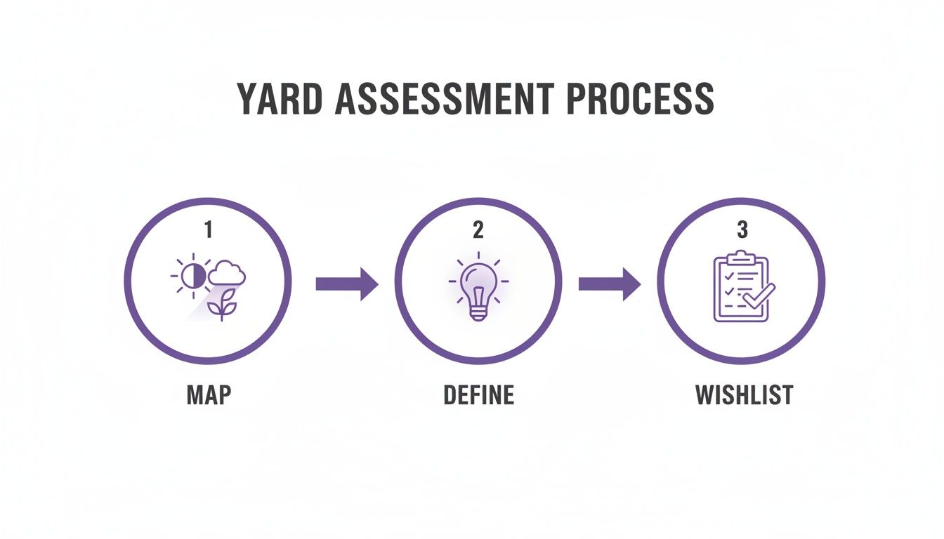 Infographic showing a 3-step yard assessment process with map, define, and wishlist icons.
