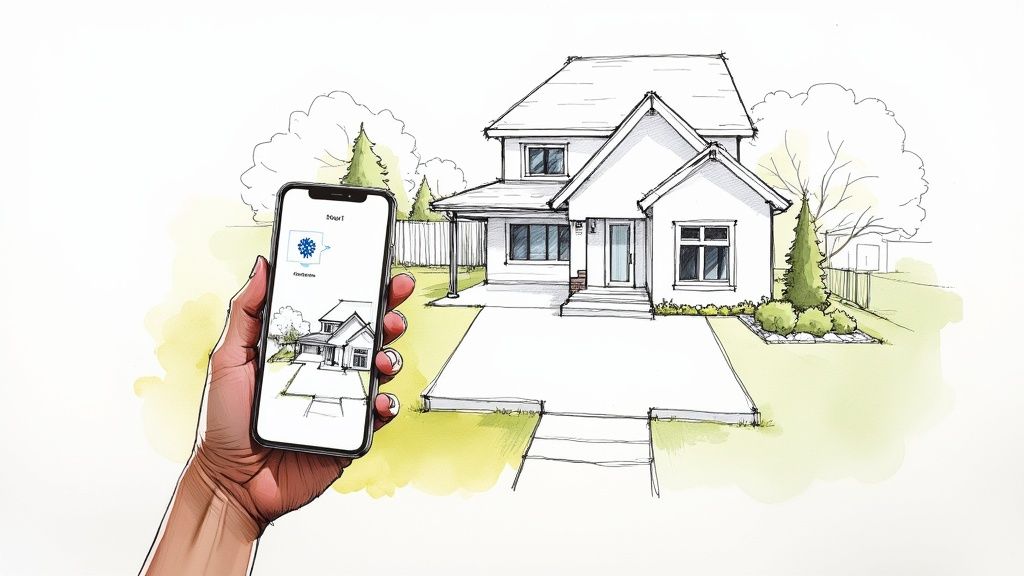 Hand holding a smartphone displaying a smart home app with a house drawing and snowflake symbol, against a house sketch with landscape.