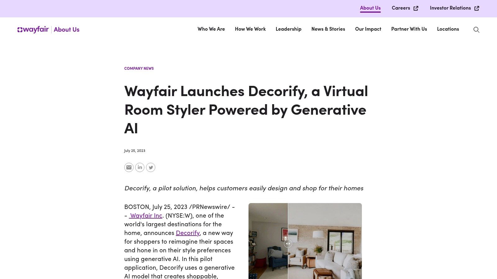 Wayfair Decorify AI rendering of a living room