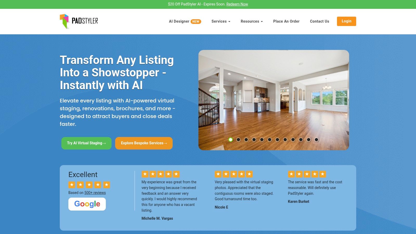 A virtually staged living room by PadStyler, showing a modern, stylish interior with a couch, chairs, and art.