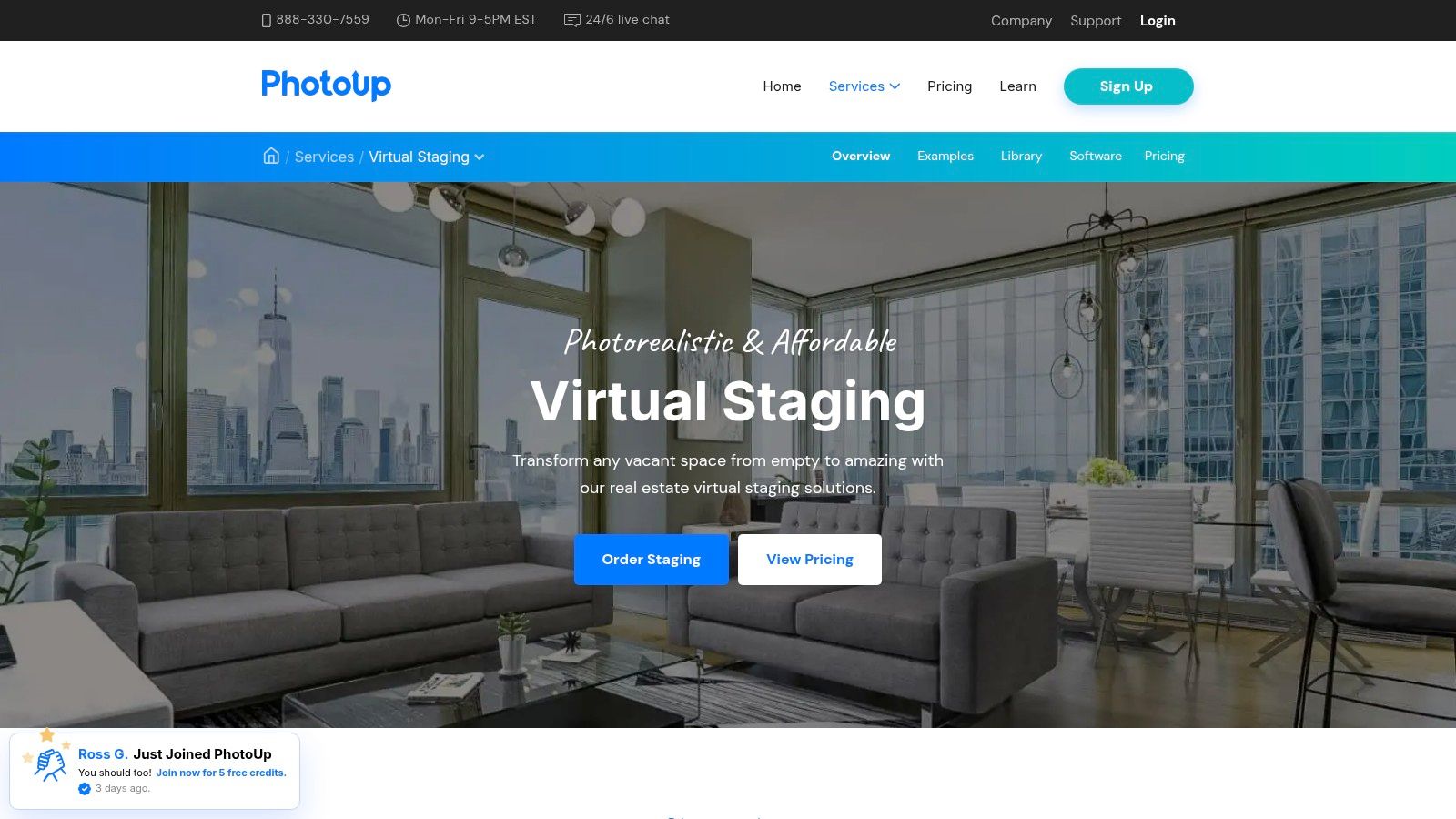 A split image showing a vacant living room on the left and a virtually staged version by PhotoUp on the right, featuring modern furniture and decor.