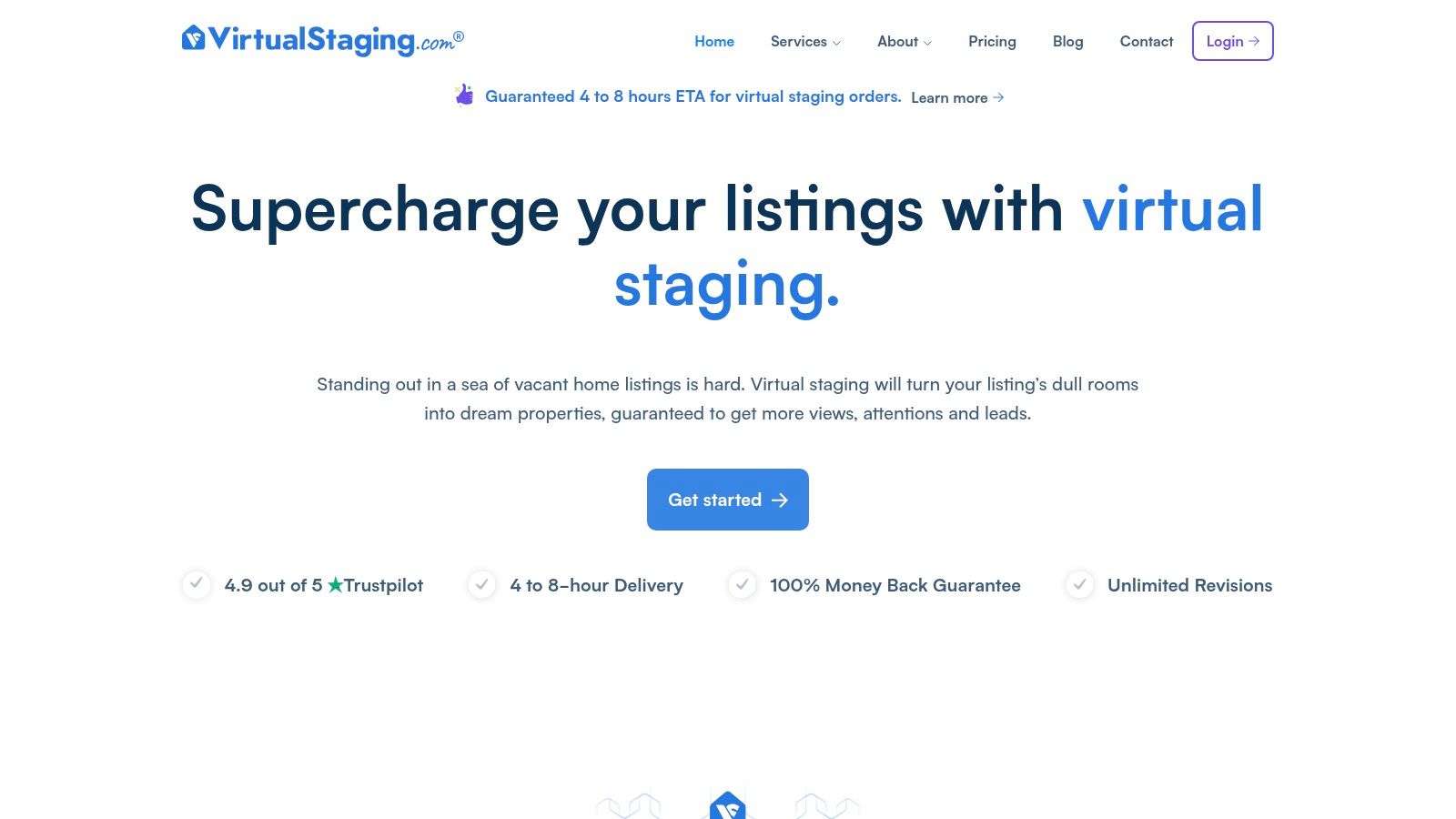 The homepage of VirtualStaging.com, showing examples of their virtual staging work.