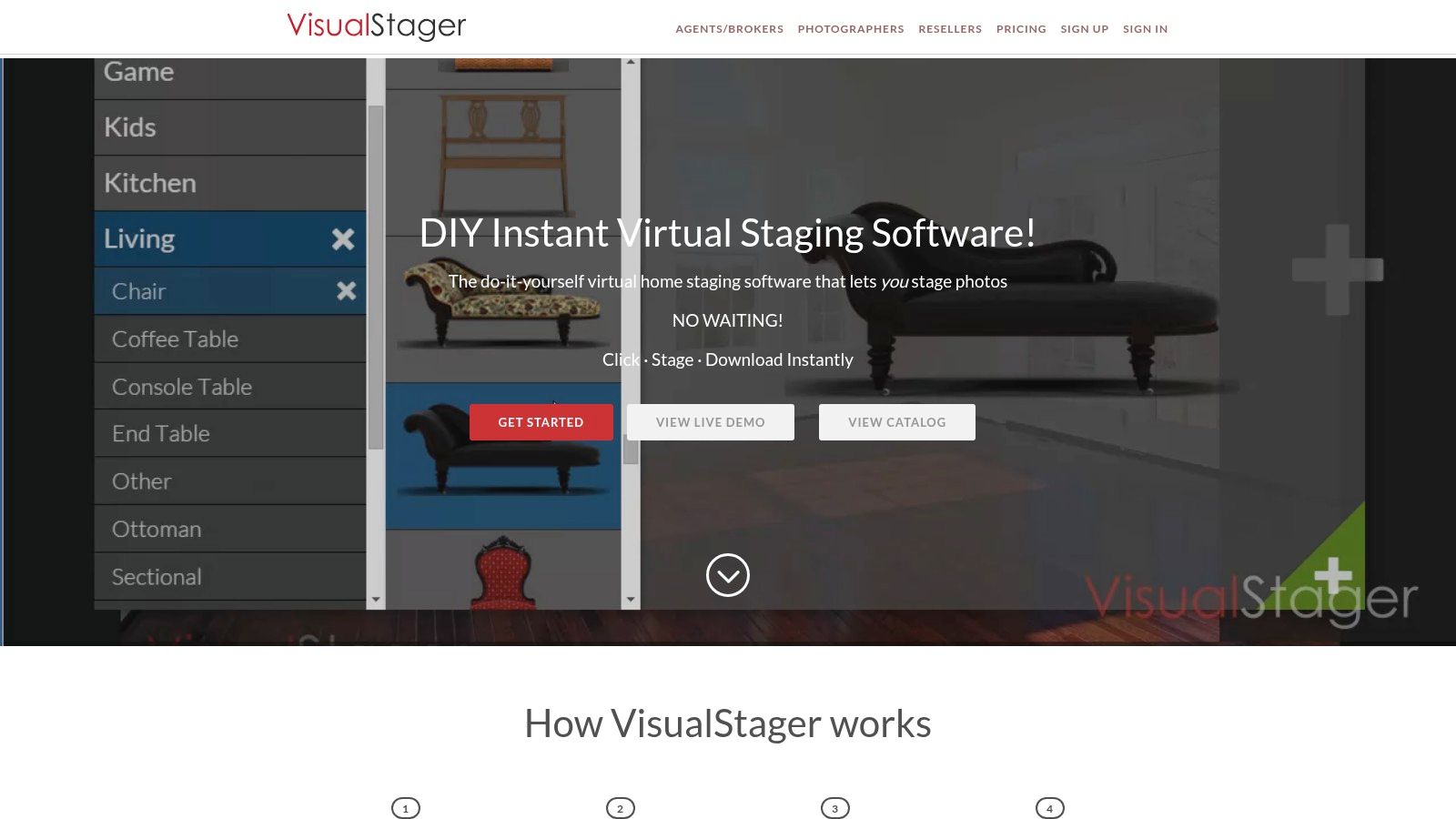 The browser-based software interface for VisualStager, showing a room with a library of furniture items to drag and drop.