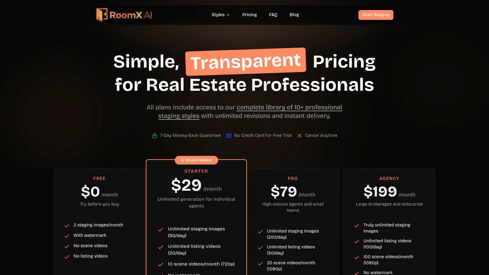 RoomX AI pricing plans