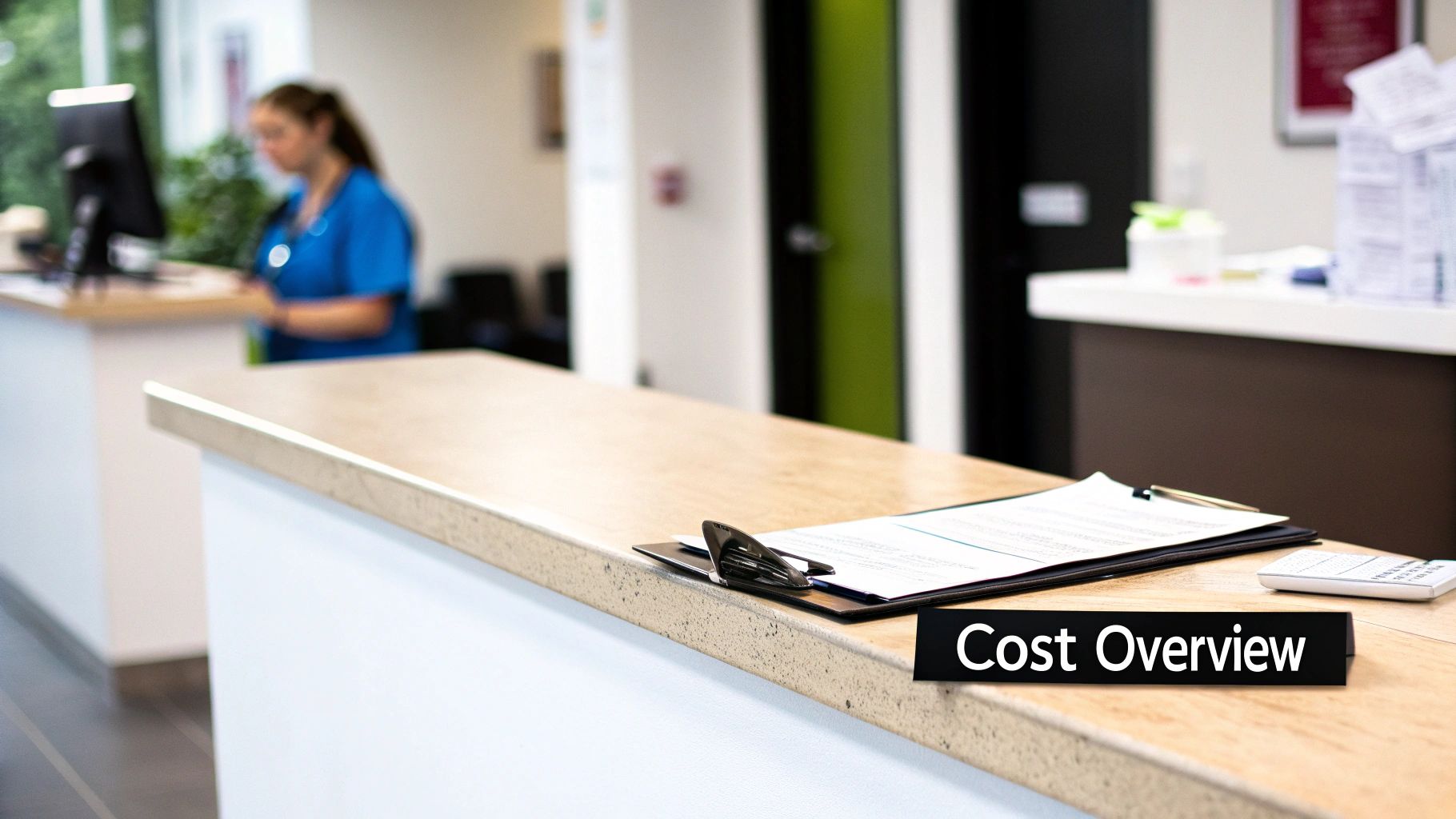 A clinic reception desk with a 'Cost Overview' sign, documents, and a healthcare worker in the background.