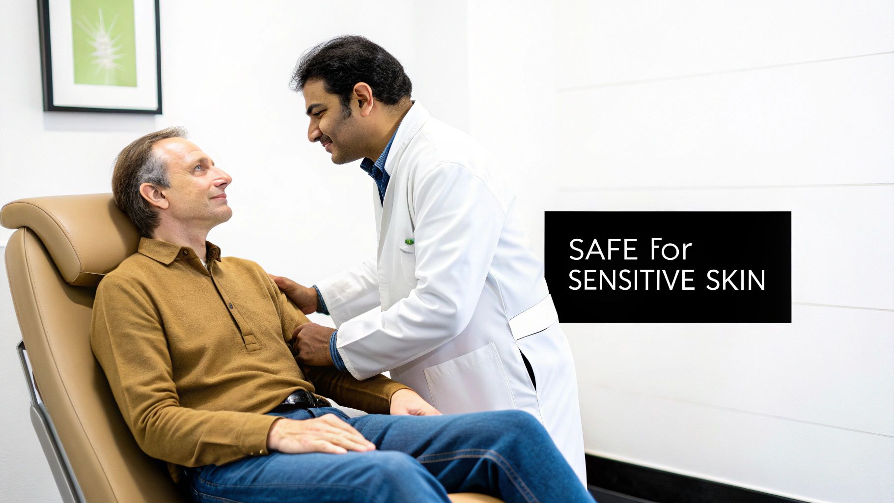 A male doctor consults with a male patient in a clinic, featuring "SAFE For SENSITIVE SKIN" text.