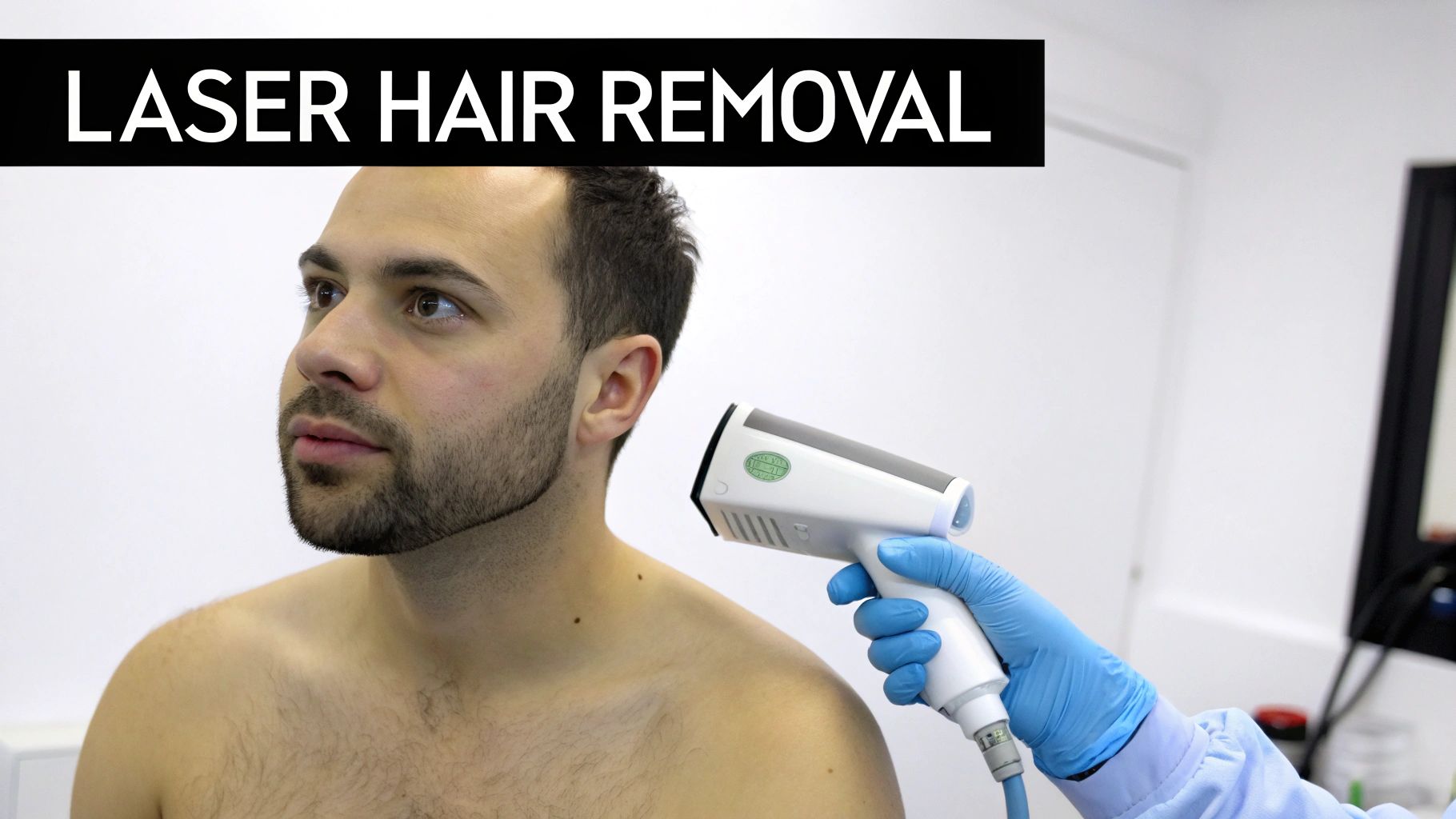 A man undergoing laser hair removal on his chest, with a technician holding the device.