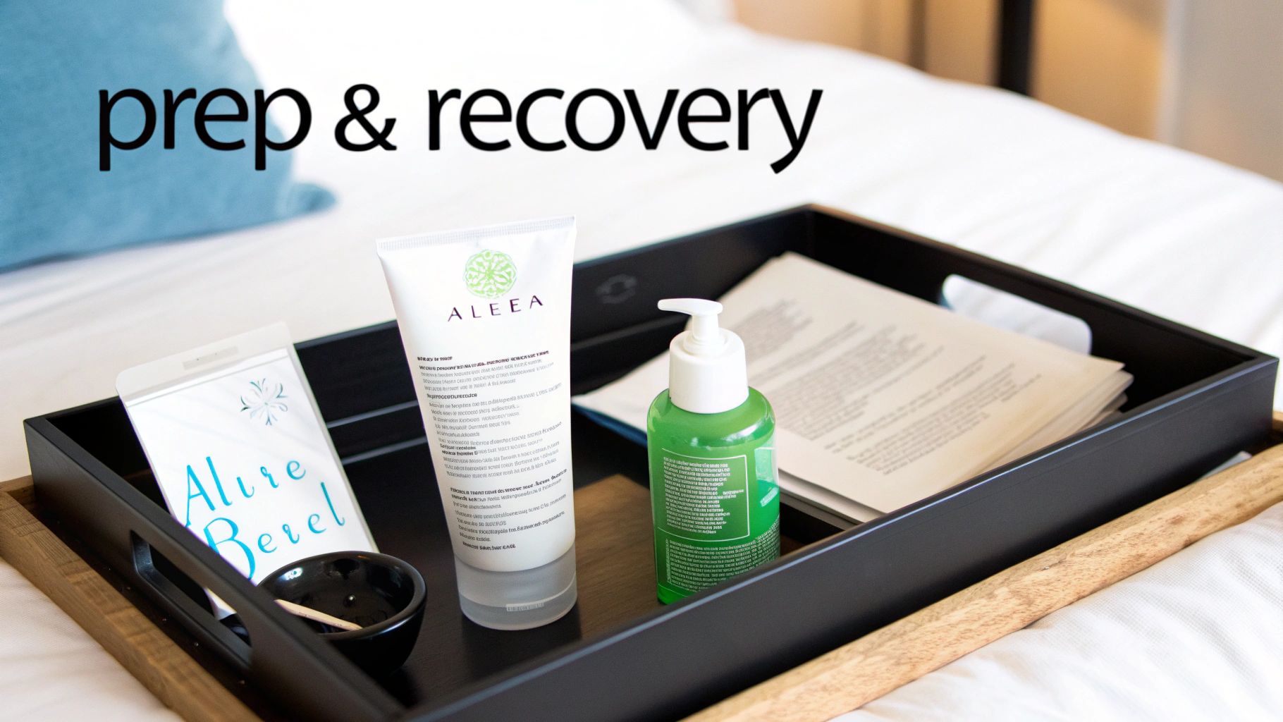 A black and wood tray on a white bed with skincare products, papers, and text 'prep &amp; recovery'.