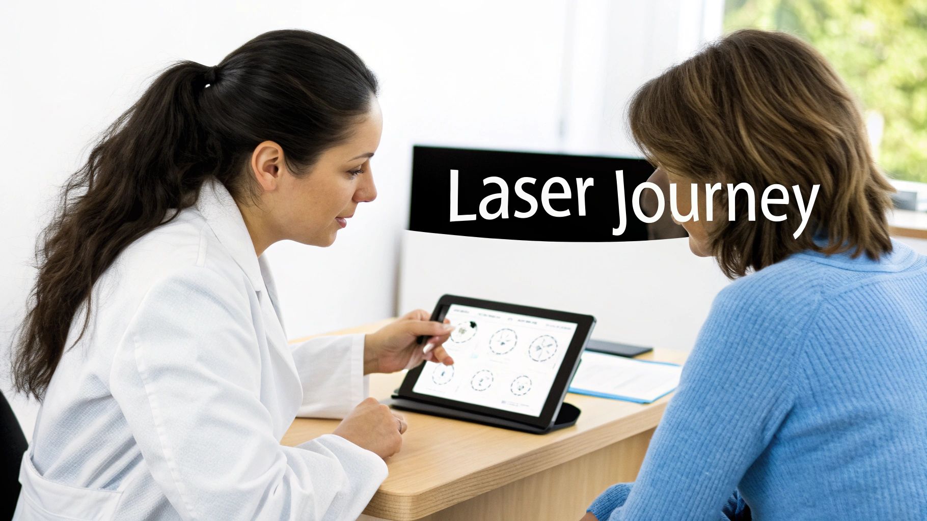 Doctor showing a patient a treatment plan on a tablet during a laser journey consultation.