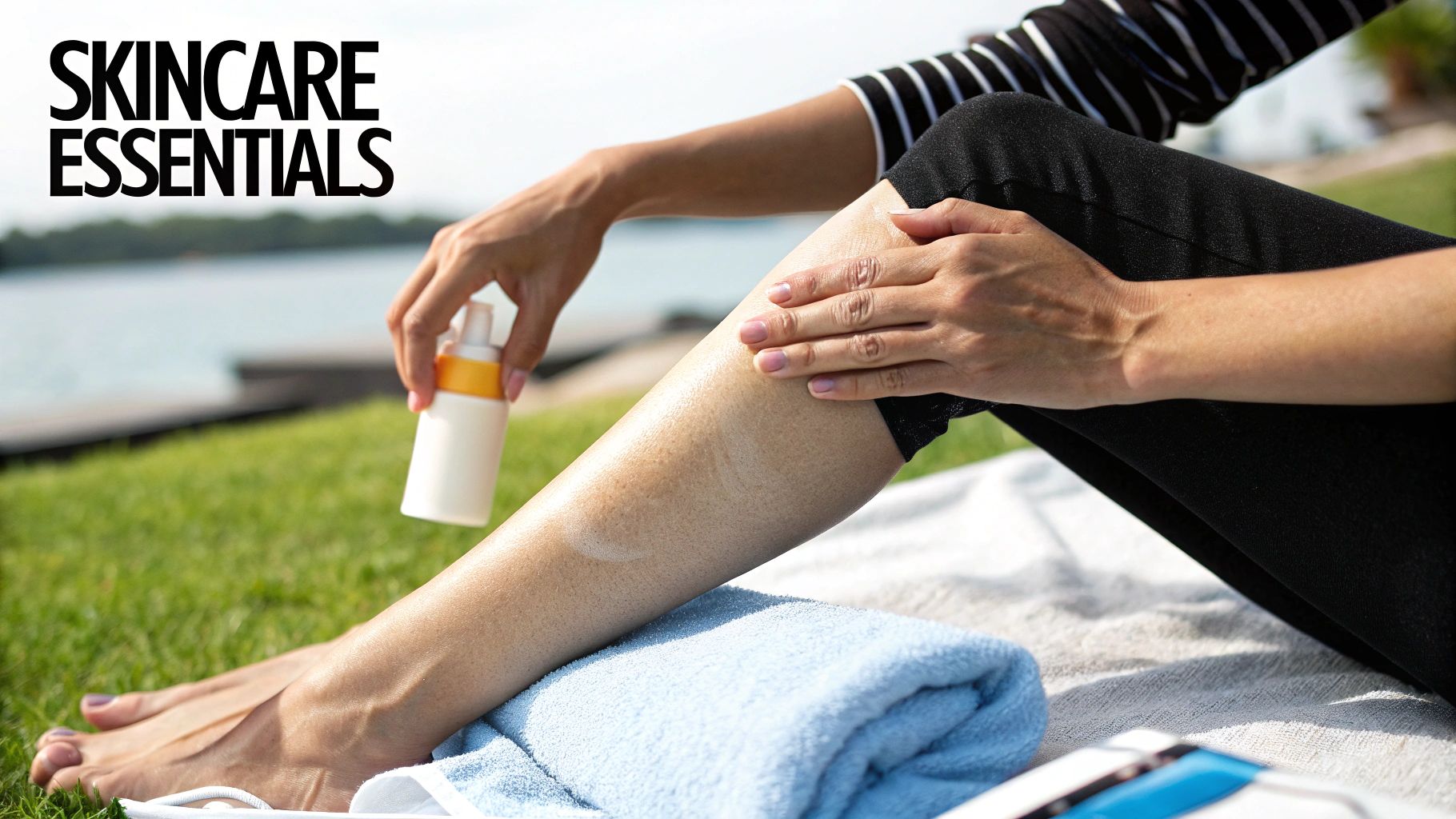 A person applies white lotion to their leg outdoors on grass, emphasizing skincare essentials.