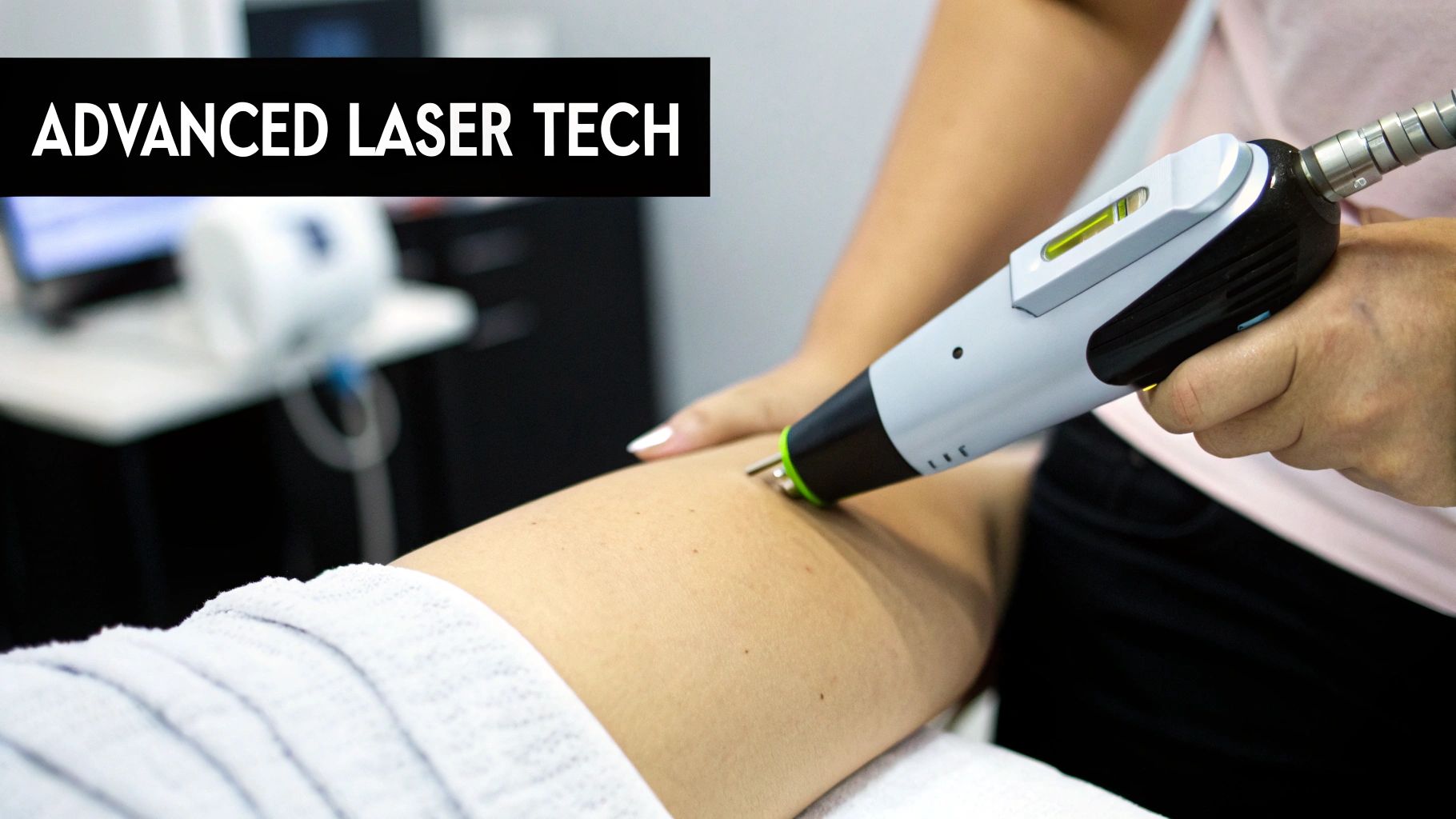 A person's leg receiving advanced laser hair removal treatment with a modern device.
