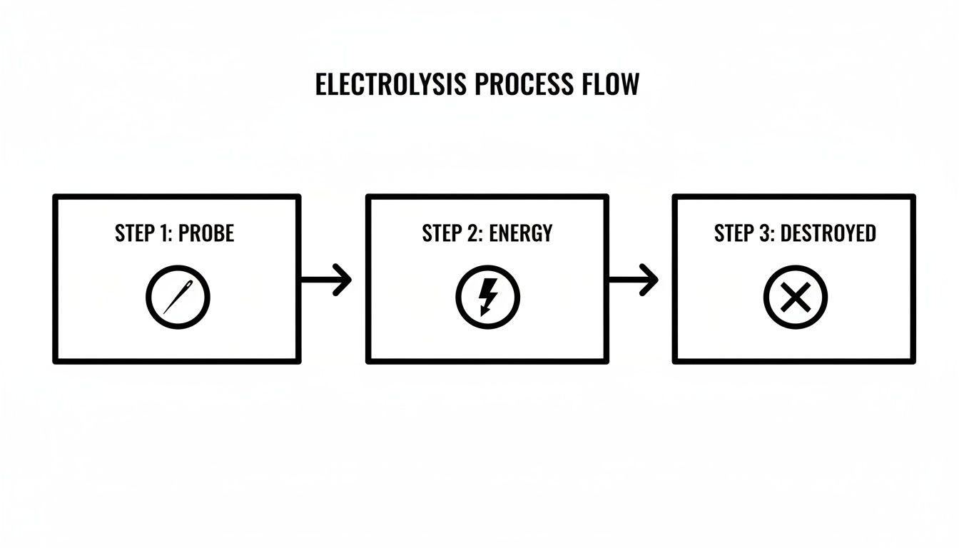 A diagram showing the electrolysis process flow in three steps: probe, energy, and destroyed.