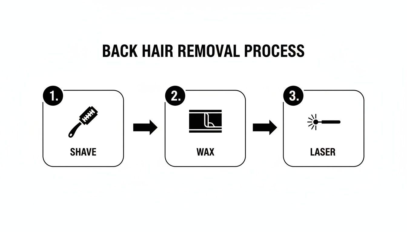 Diagram illustrating a three-step back hair removal process: shave, wax, and laser treatment.