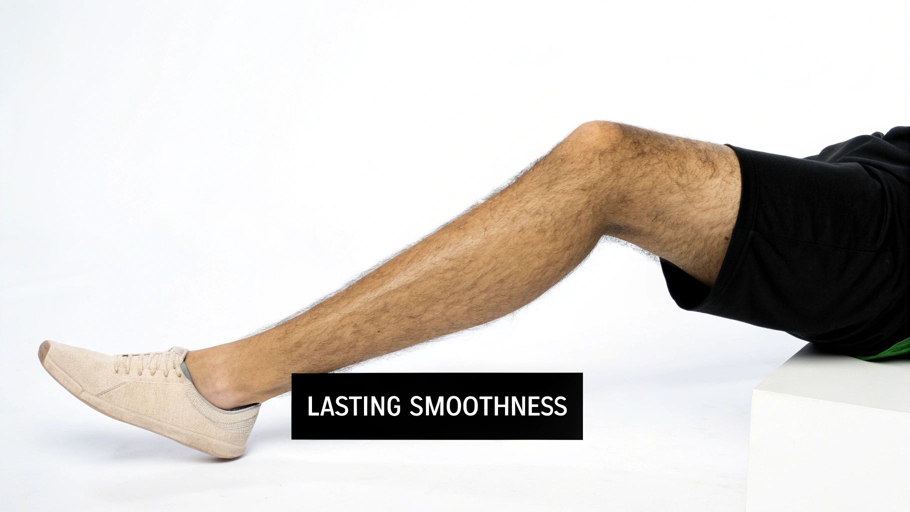 A man's hairy leg and thigh in black shorts and light shoes, with text 'LASTING SMOOTHNESS' on a white background.