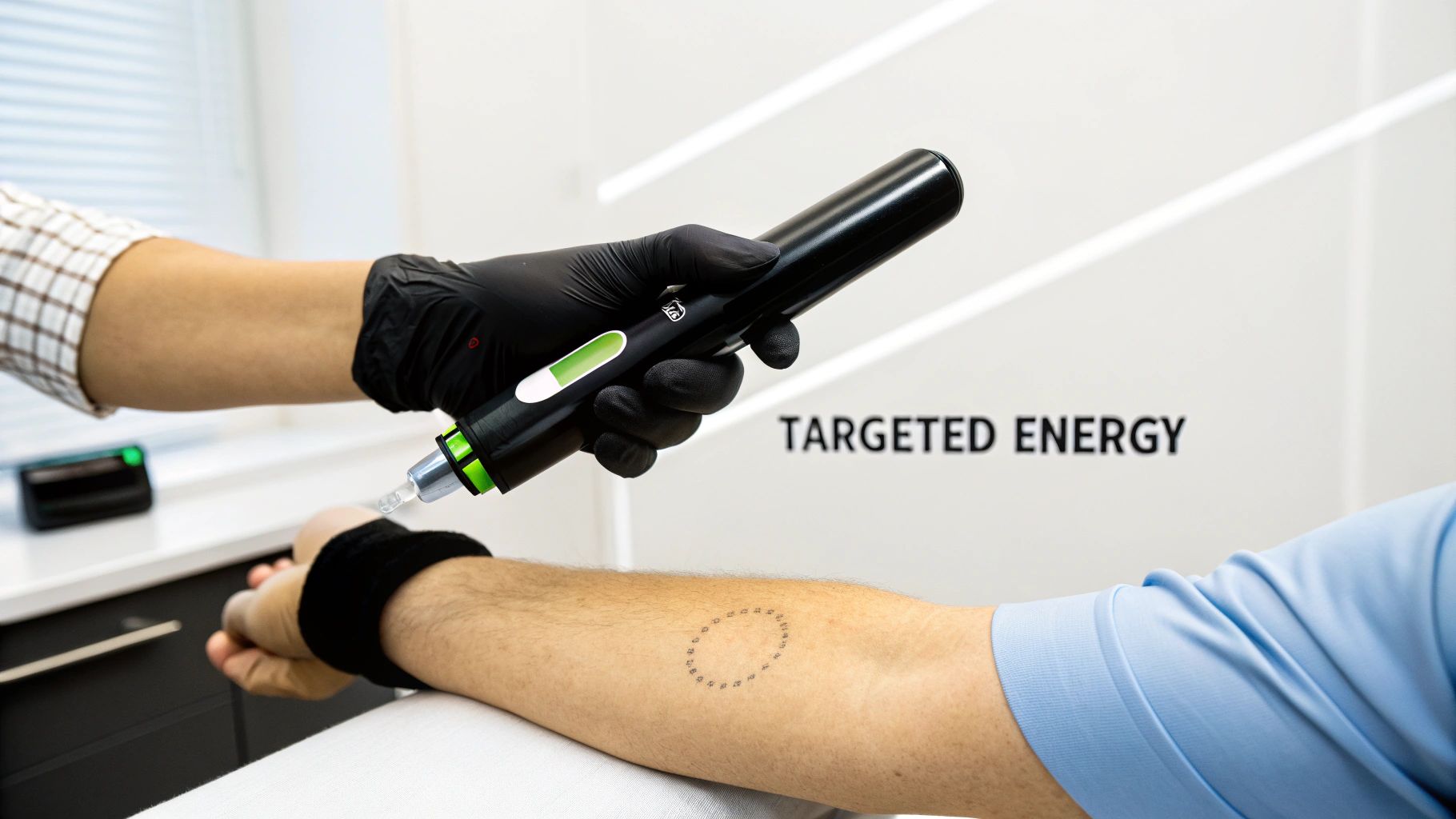 A gloved hand holds a black device, applying targeted energy to a person's forearm.