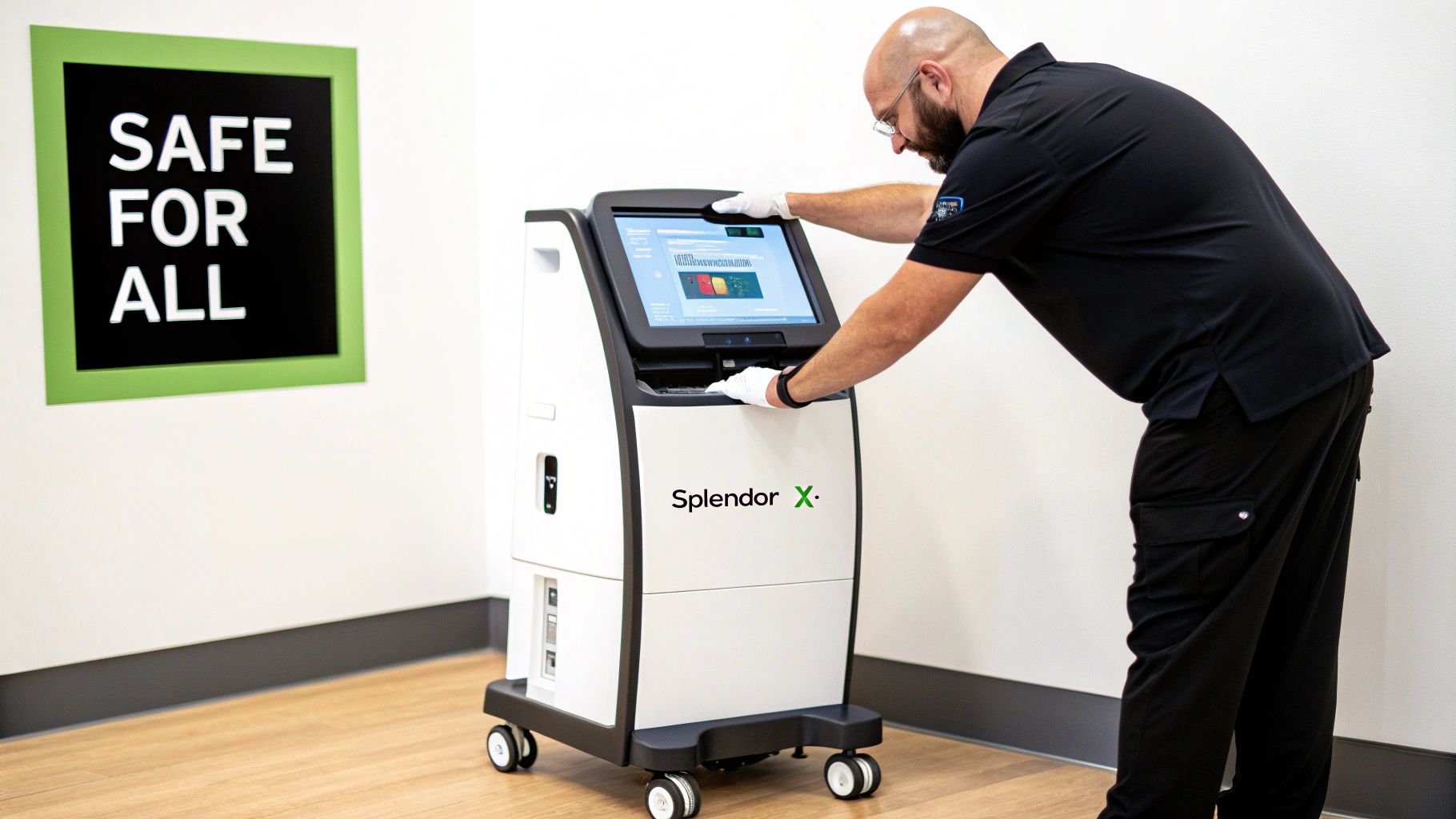 Technician in white gloves operates a Splendor X laser hair removal machine, with a "Safe For All" sign.