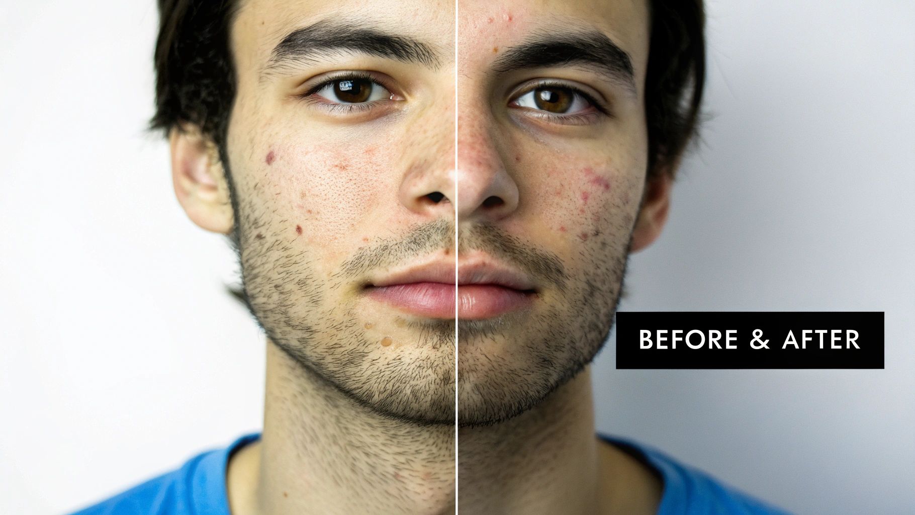 A split image of a man's face, comparing skin conditions, one side showing more acne and blemishes.