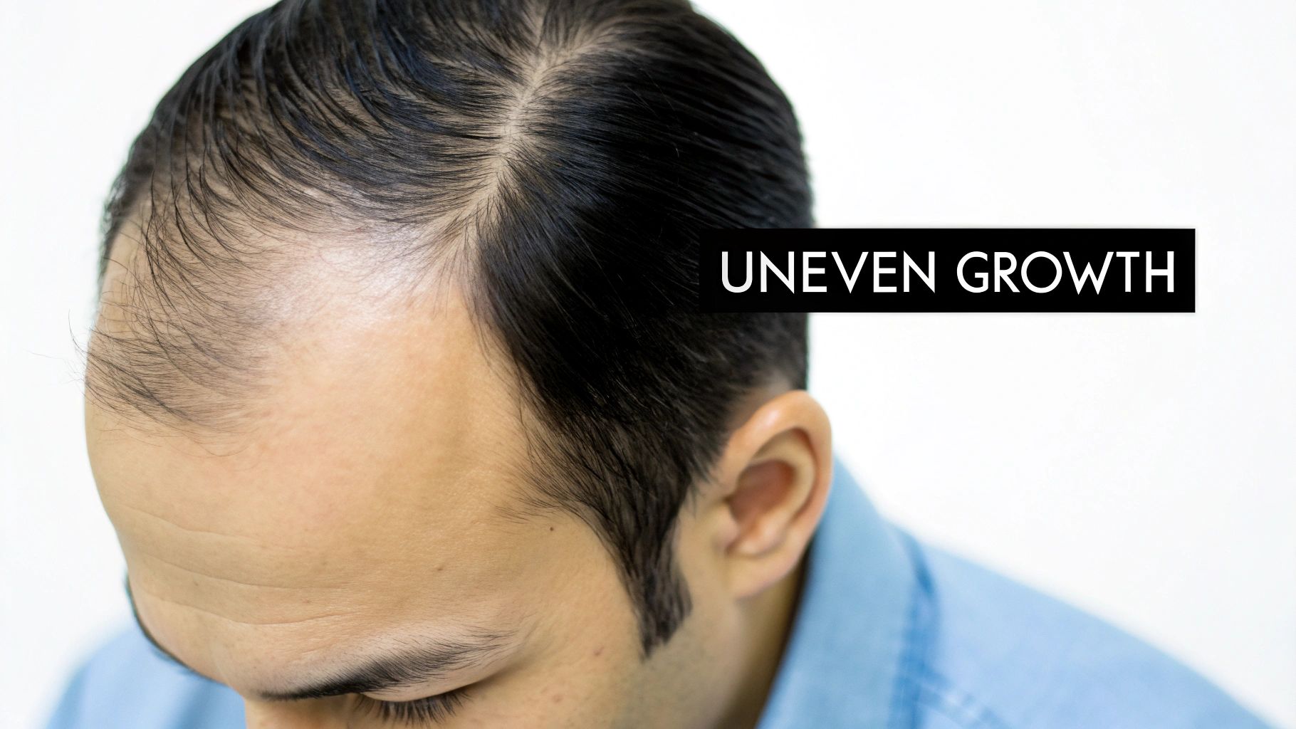Close-up of a man's scalp showing significant hair thinning and an uneven hairline.