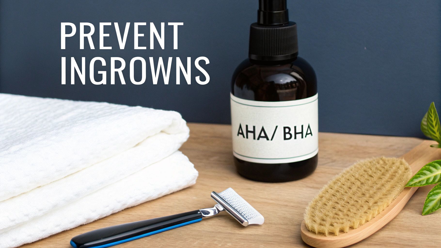 Skincare products for preventing ingrown hairs, including AHA/BHA serum, razor, and dry brush.