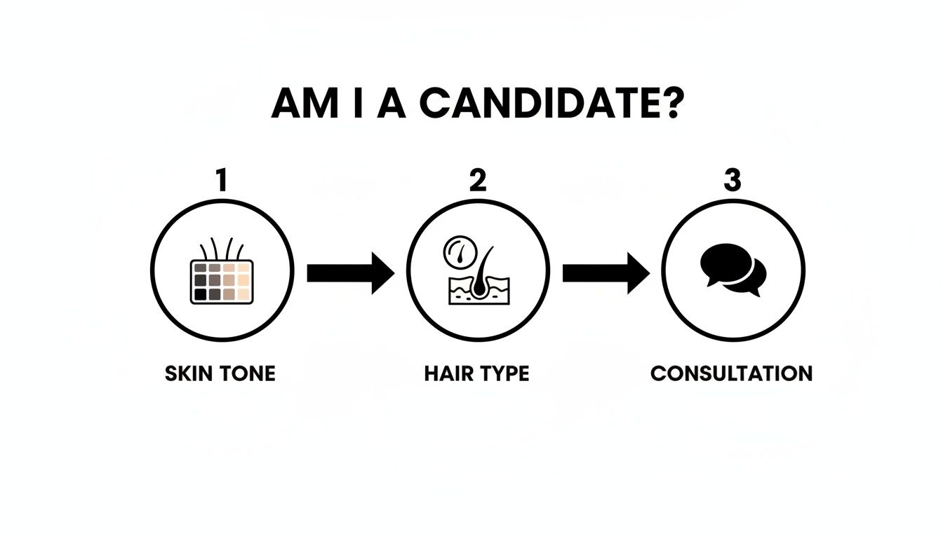 A step-by-step guide explaining how to determine candidacy for a procedure based on skin tone, hair type, and consultation.