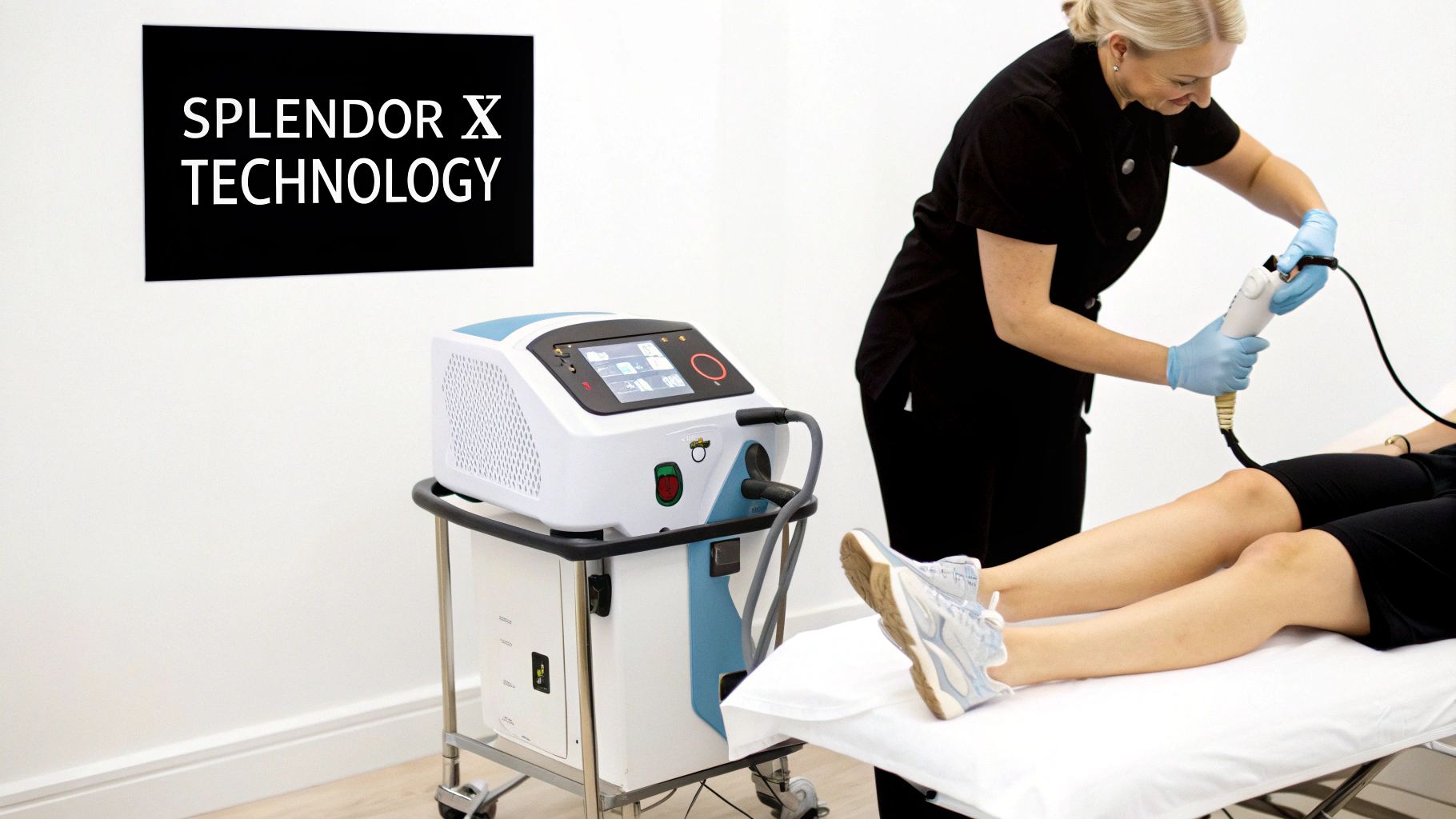 A woman receives laser hair removal on her leg from a technician using a Splendor X machine.
