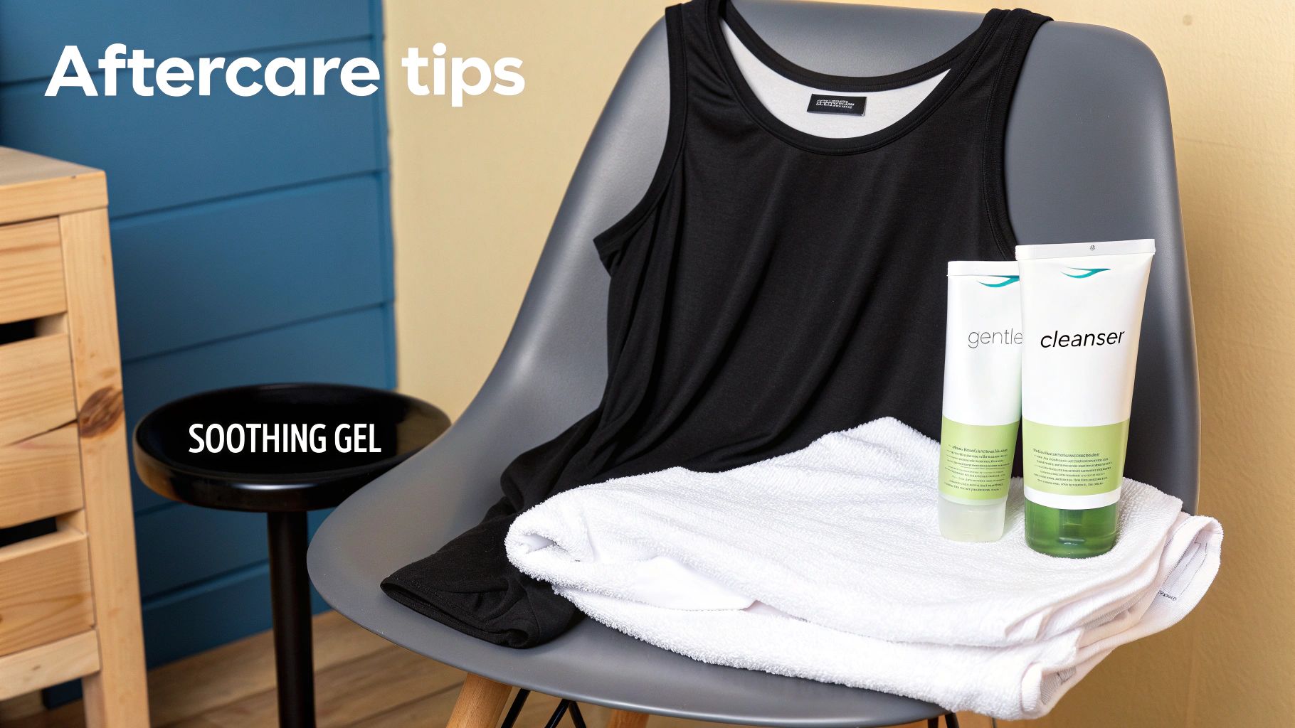 Aftercare tips featuring a black tank top, white towel, soothing gel, and gentle cleanser.