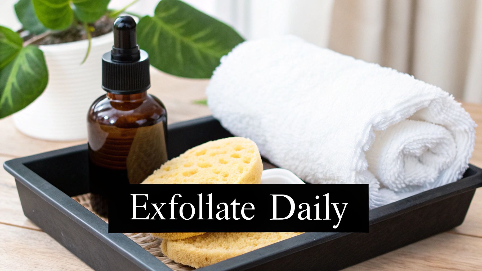Skincare essentials in a black tray: a dropper bottle, sponges, and a rolled white towel.