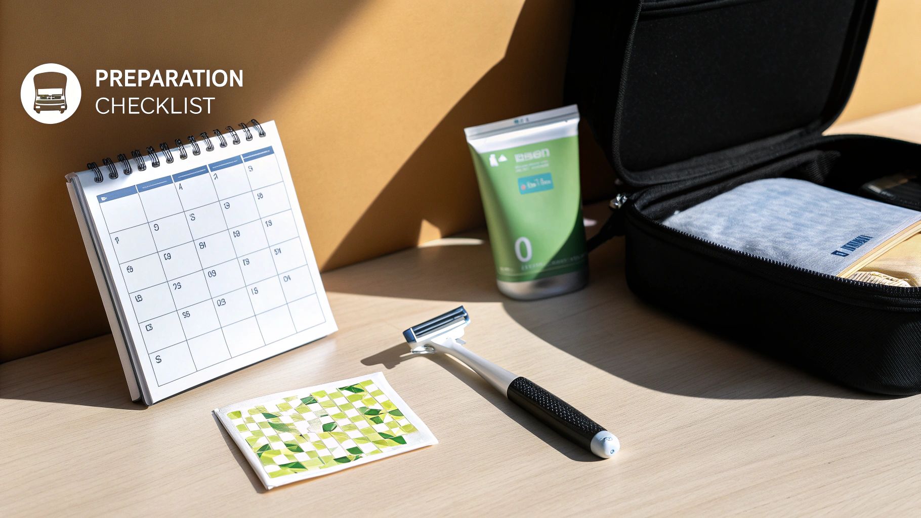 A preparation checklist with a calendar, razor, cream, and travel bag on a wooden table.