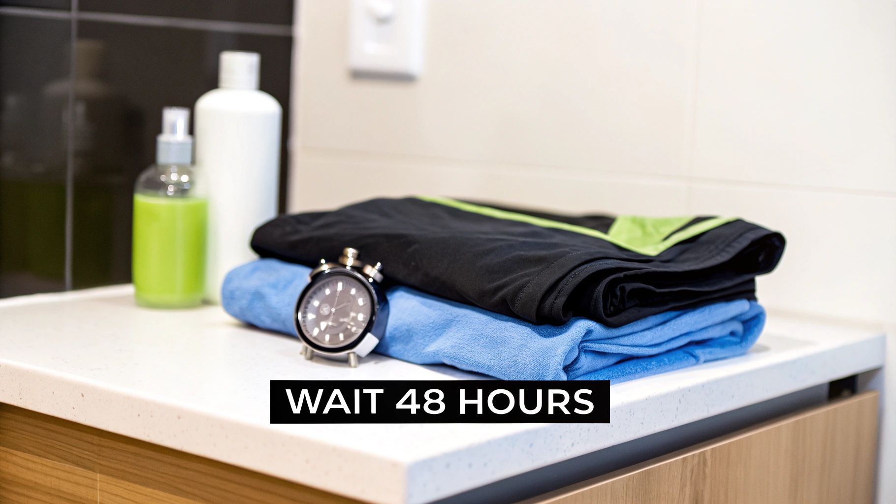 A stack of folded black sportswear, a blue towel, an alarm clock, and bottles on a counter, with text 'WAIT 48 HOURS'.