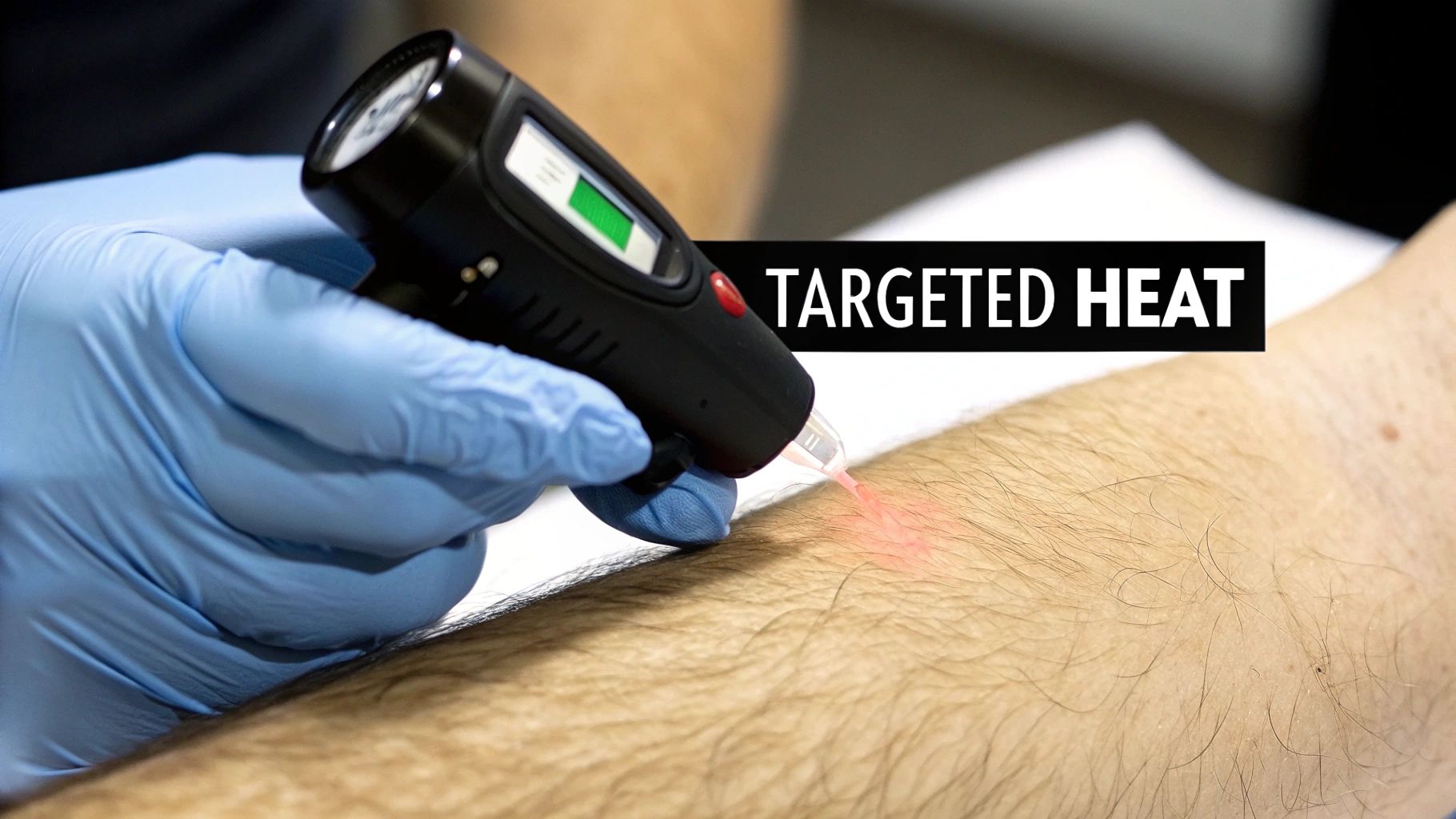 A gloved hand holds a laser device, emitting red light onto a hairy arm for targeted heat.