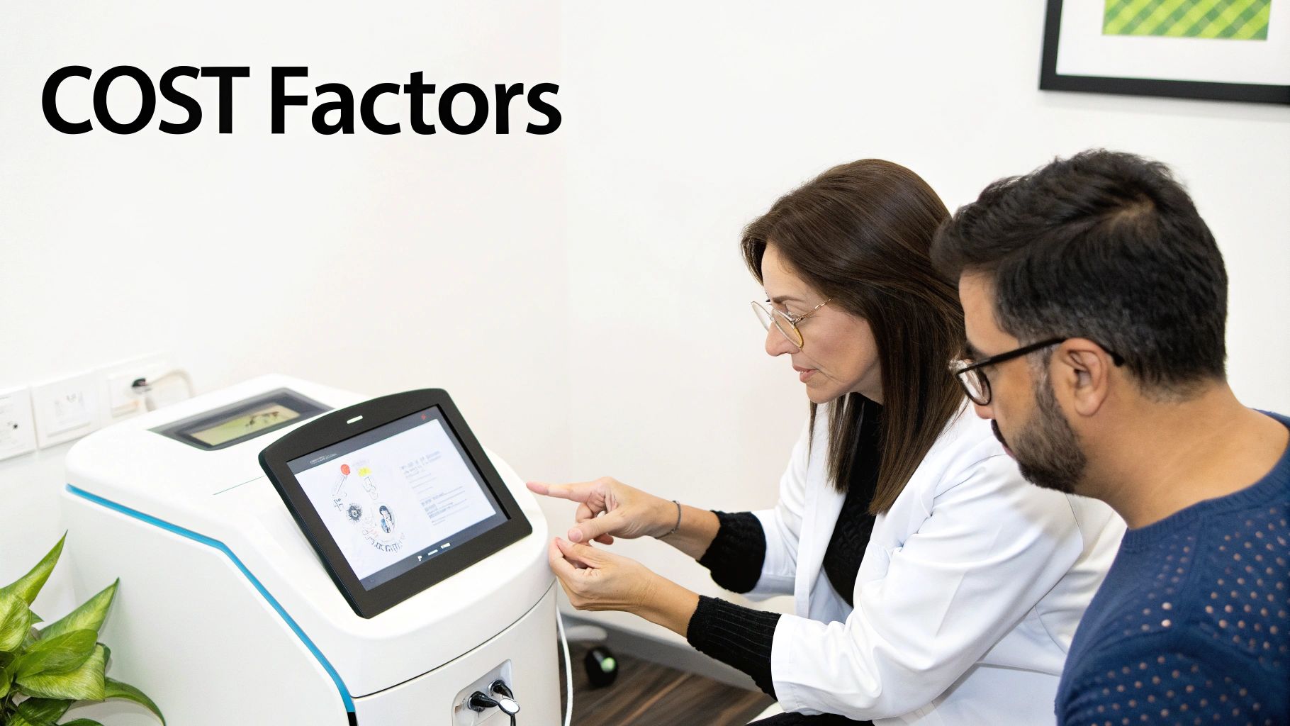 A doctor in a white coat shows a male patient information on a medical device screen.