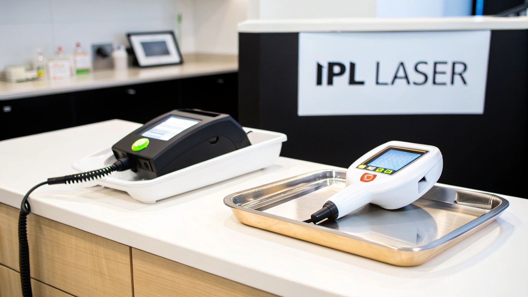 Two advanced IPL and laser treatment devices displayed on a counter in a modern clinic.