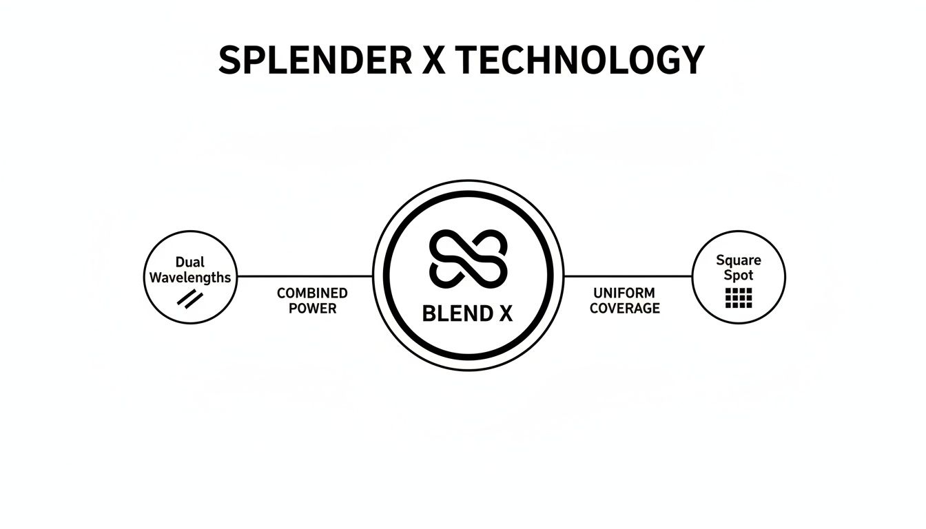 Diagram illustrating Splendor X Technology, showcasing Dual Wavelengths, Combined Power, Blend X, Uniform Coverage, and Square Spot.