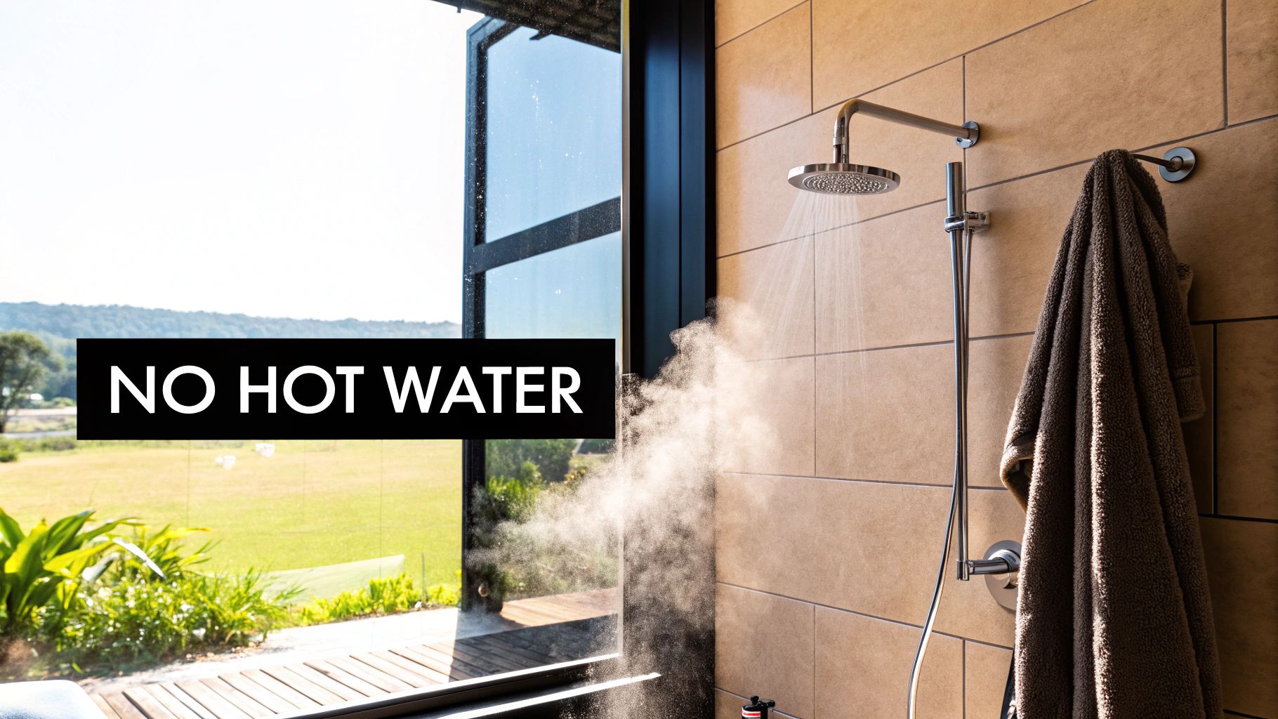 A modern shower sprays cold water, creating mist, with a towel hanging and a scenic outdoor view.