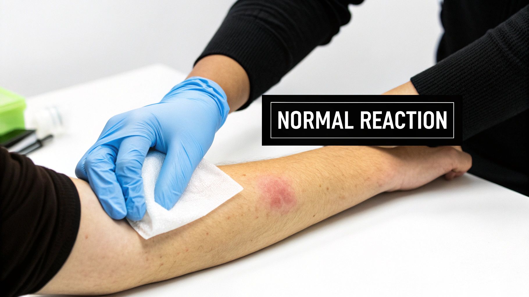 A medical professional in blue gloves applies a pad to an arm with a red skin patch, labeled "NORMAL REACTION."