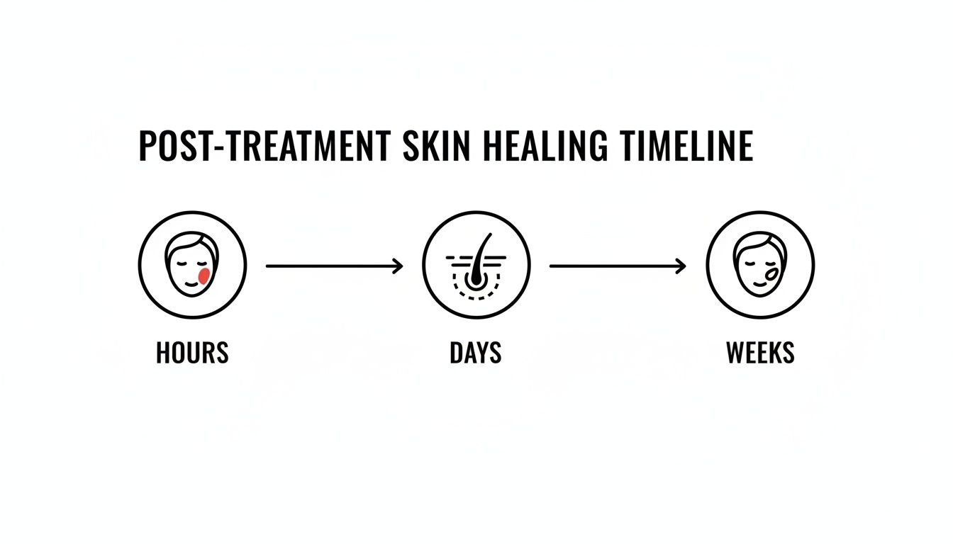 Visual timeline showing post-treatment skin healing progression from initial irritation to complete recovery over hours, days, and weeks.
