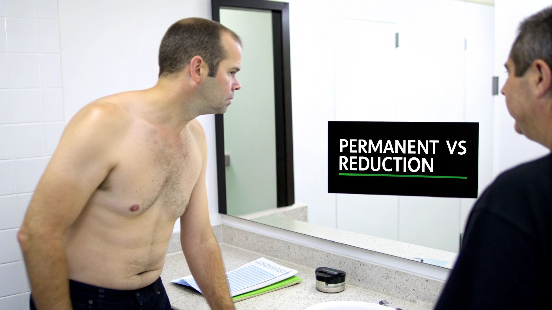 A shirtless man looks into a mirror displaying 'PERMANENT VS REDUCTION' text, contemplating hair removal.