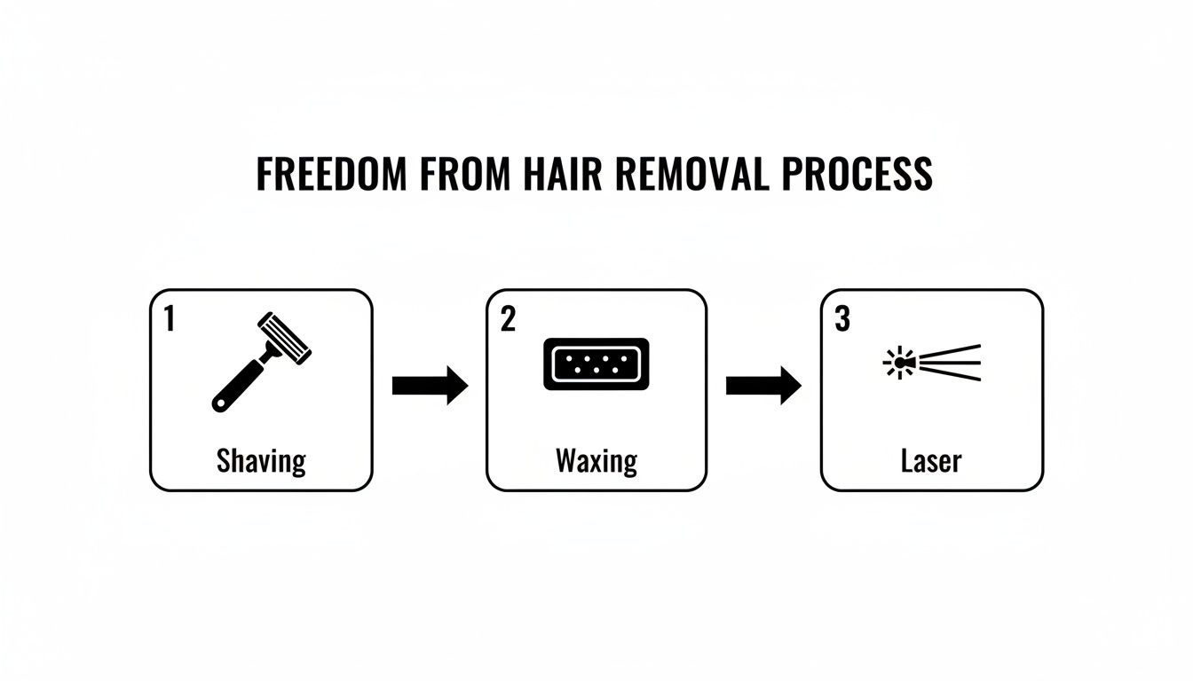 Diagram showing the progression of hair removal methods: Shaving, Waxing, and Laser treatment.