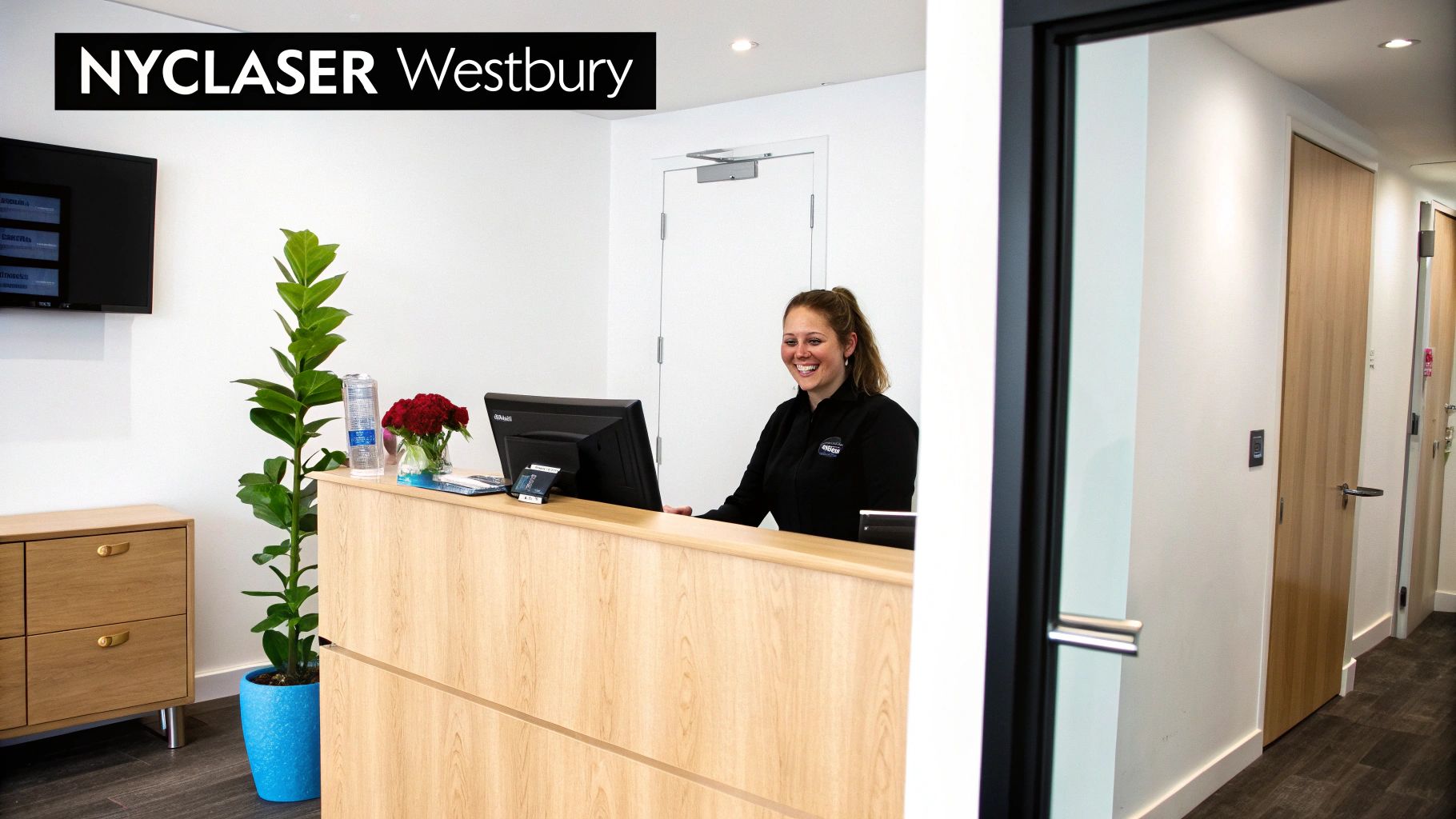 A smiling woman works at a modern reception desk in a bright NYCLASER Westbury office.
