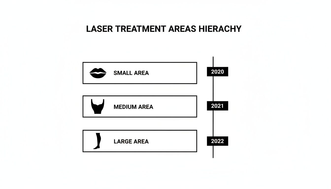 A visual hierarchy illustrating small, medium, and large laser treatment areas, categorized by years 2020-2022.