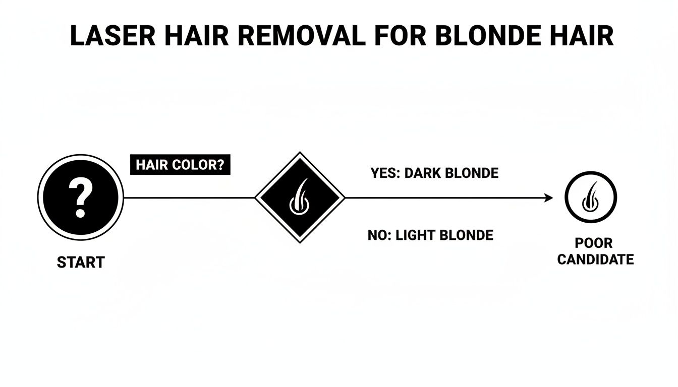 Flowchart explaining laser hair removal for blonde hair, indicating both dark and light blonde hair are poor candidates.